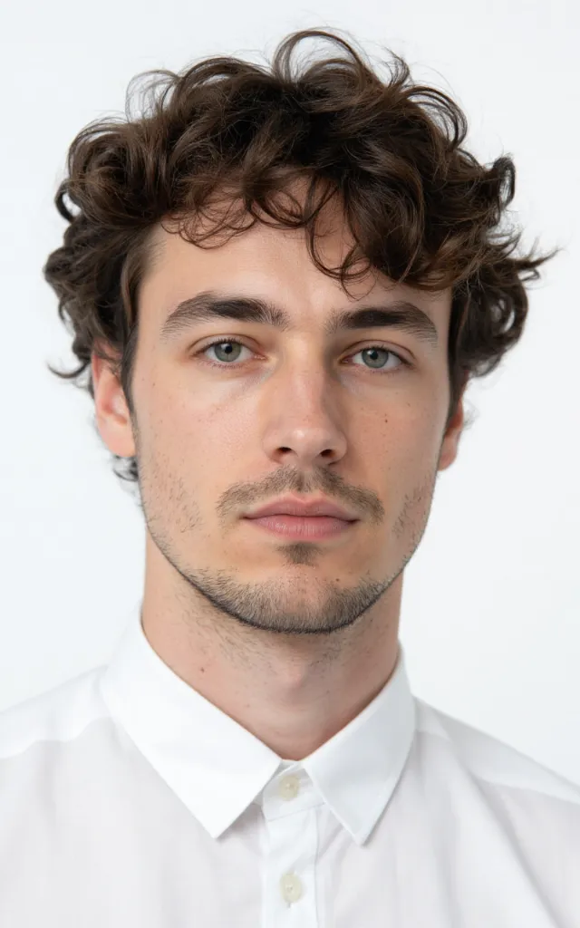 A French male model with Wavy hair, wearing a shirt, against a white background, in a front   facing bust portrait
